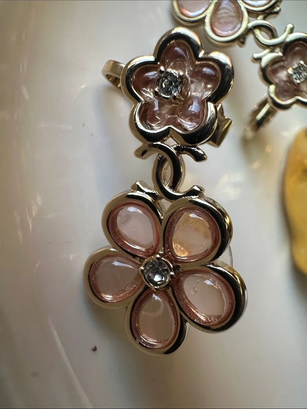 Like New- CHANEL Pink Floral Drop Earrings with Crystal Centers